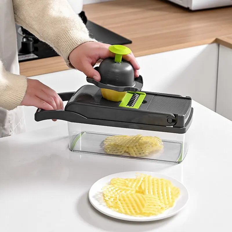 12-in-1 Multifunctional Vegetable Slicer & Shredder with Basket - Green/Black Potato, Fruit, and Carrot Chopper