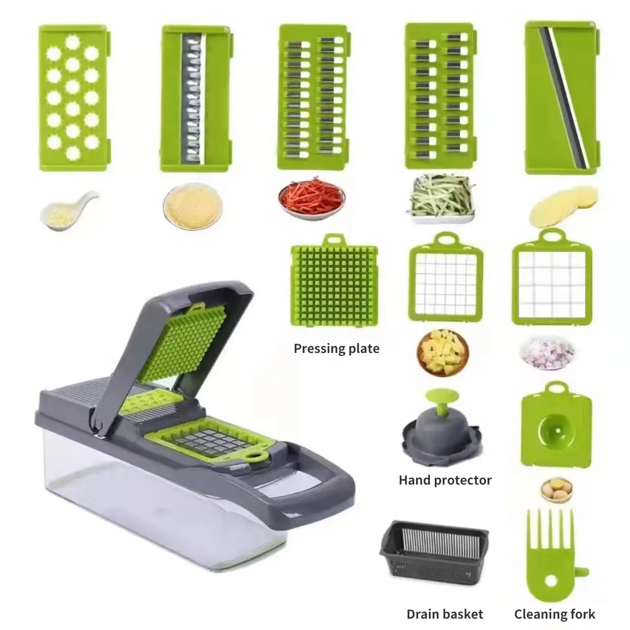 12-in-1 Multifunctional Vegetable Slicer & Shredder with Basket - Green/Black Potato, Fruit, and Carrot Chopper