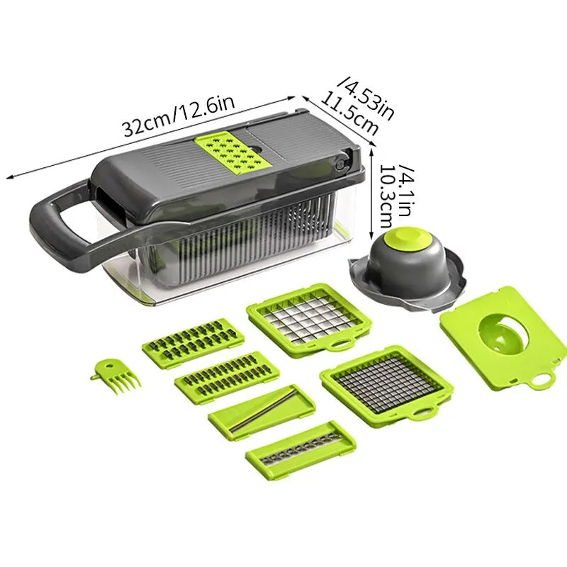 12-in-1 Multifunctional Vegetable Slicer & Shredder with Basket - Green/Black Potato, Fruit, and Carrot Chopper