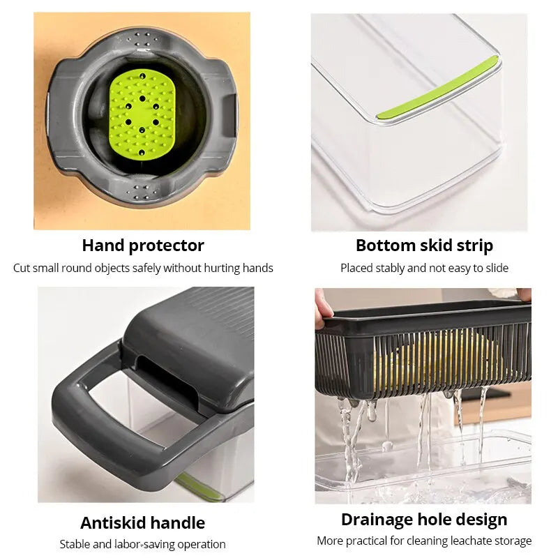 12-in-1 Multifunctional Vegetable Slicer & Shredder with Basket - Green/Black Potato, Fruit, and Carrot Chopper