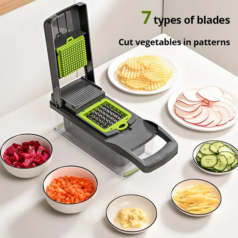 12-in-1 Multifunctional Vegetable Slicer & Shredder with Basket - Green/Black Potato, Fruit, and Carrot Chopper