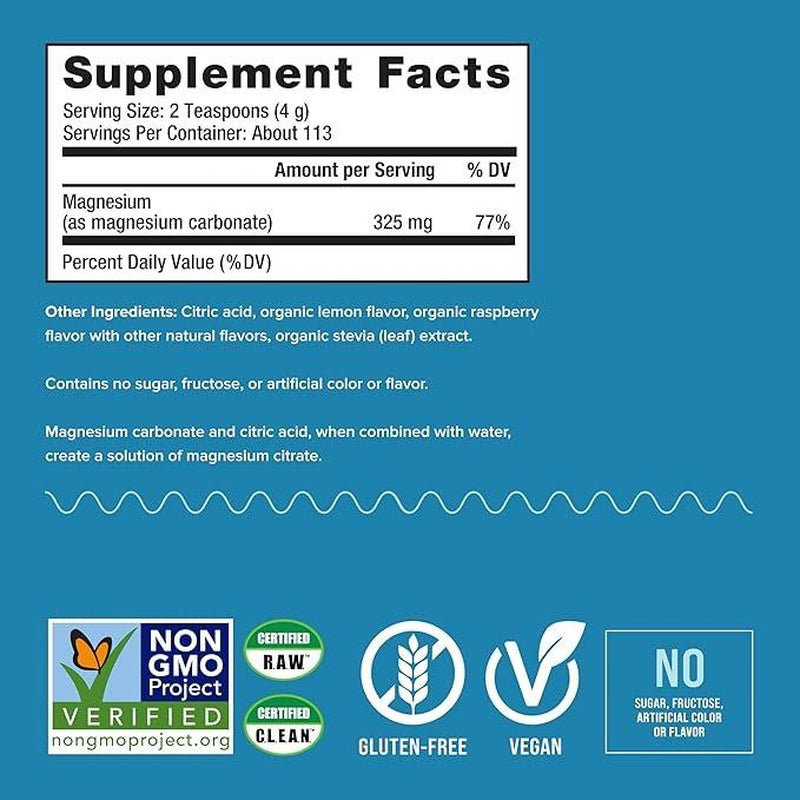 Vegan Magnesium Citrate Drink Mix - Anti-Stress Powder, Gluten-Free & Non-GMO, Raspberry Lemon Flavor, 16 Oz