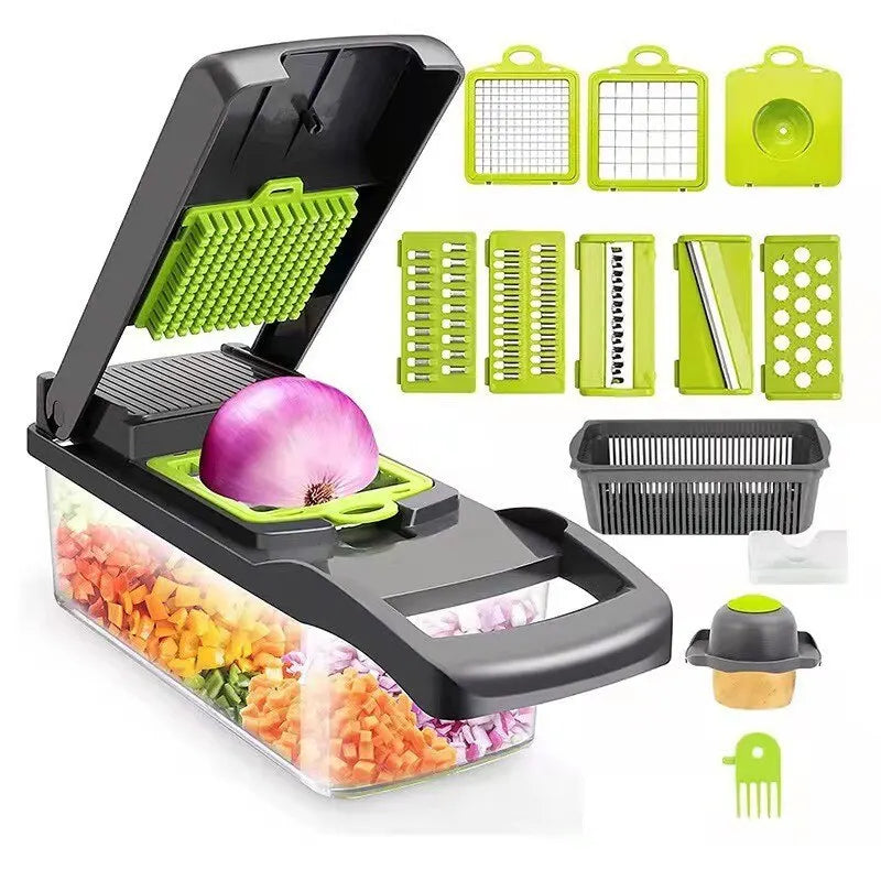 12-in-1 Multifunctional Vegetable Slicer & Shredder with Basket - Green/Black Potato, Fruit, and Carrot Chopper